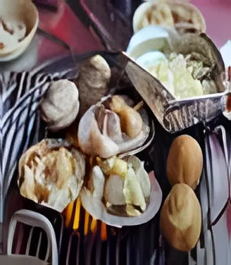 焼き網の上の貝、奥に副菜の皿